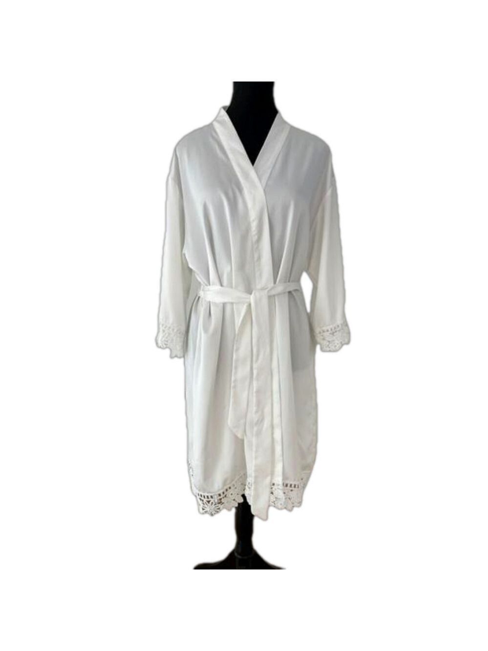 ROBE Flowy Short Length Tie Waist White Floral Lace Trim Sheer Loungewear